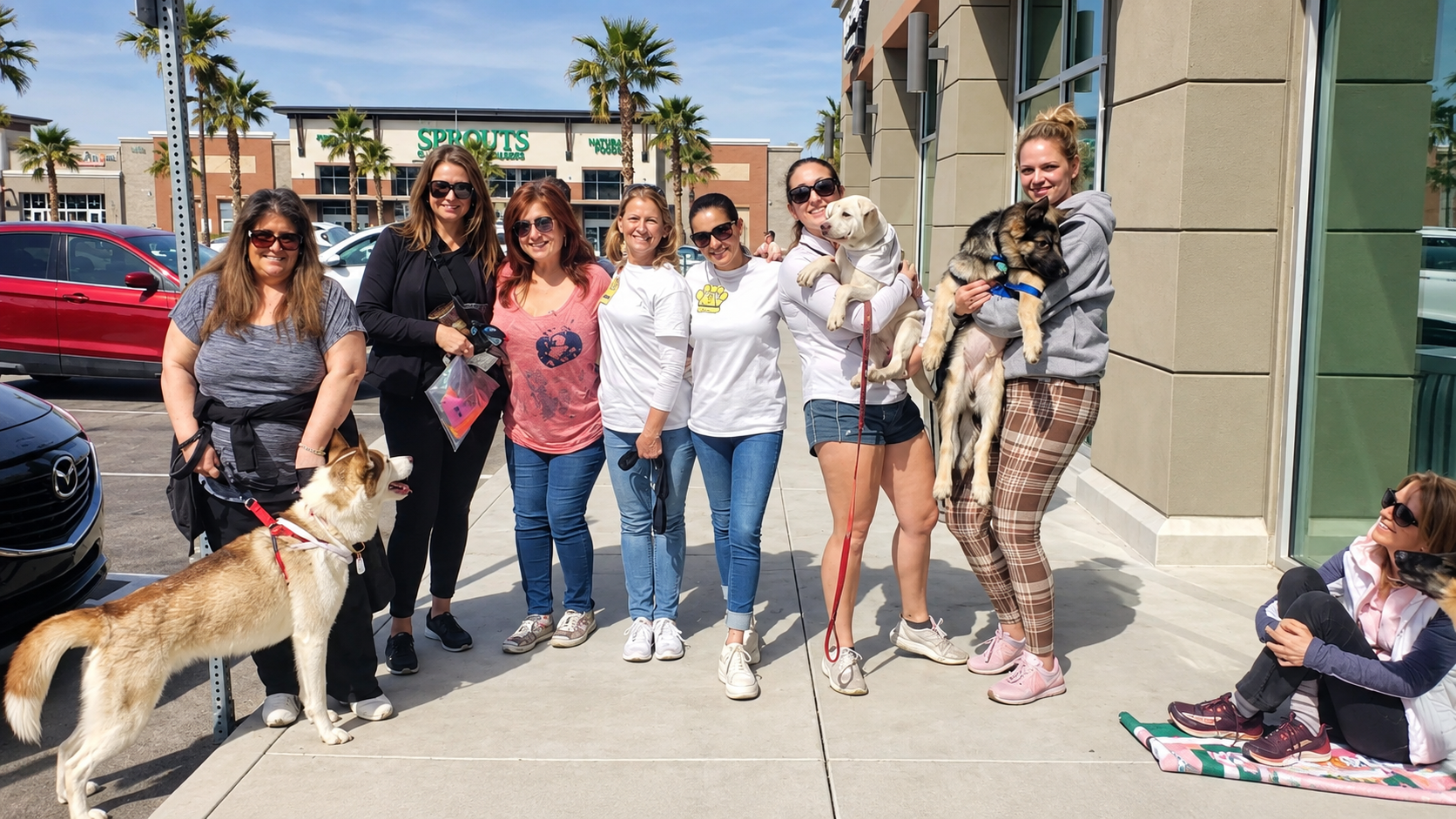 LFAF volunteers posing with rescued dogs, including a husky and a German Shepherd puppy, outside a Sprouts Farmers Market